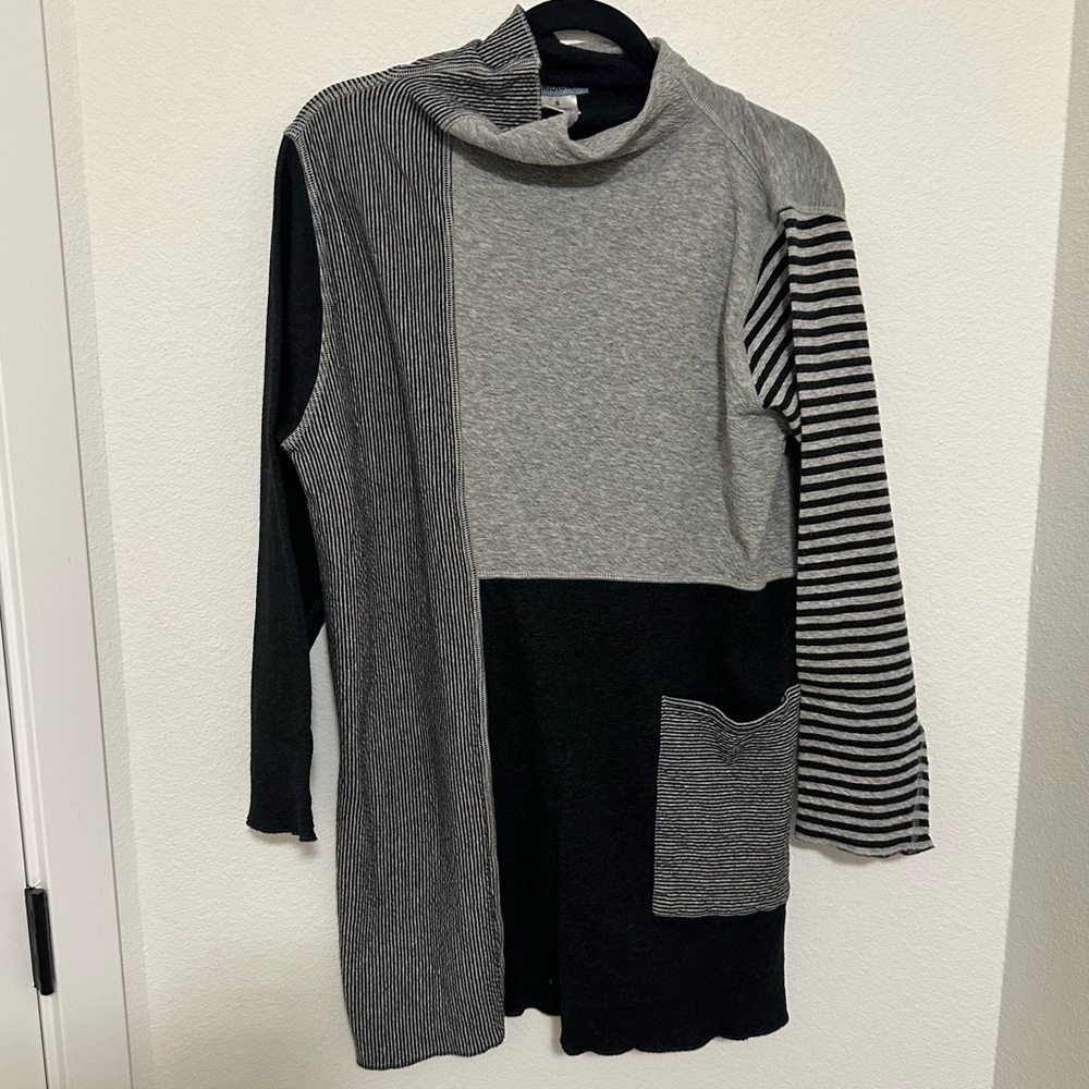 IRIDIUM Cotton Tunic Top Black Gray White Mix Print Lagenlook Size S Women’s